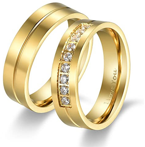 Flongo Paar Ringe Ehering Band Ring Partnerring mit I Love You Gravur Gold Valentine Valentinstag Hochzeit Engagement Verlobungsringe für Frauen Männer Herren Damen