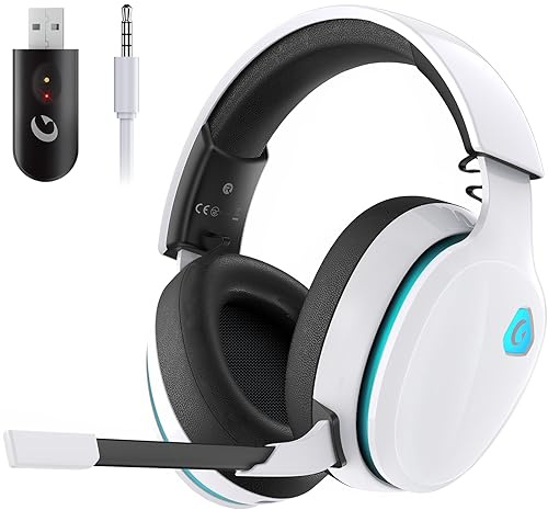 Gtheos 2.4GHz Wireless Gaming Headset for PS5, PS4 Fortnite & Call of Duty/FPS Gamers, PC, Nintendo Switch, Bluetooth 5.3 Gaming Headphones with Noise Canceling Mic, Stereo Sound, 40+Hr Battery -White