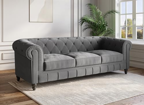 DecoInParis Canapé Fixe 3 Places Velours Gris Chesterfield