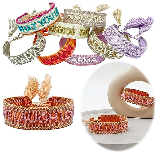 LS-LebenStil Exklusives Statement Armband - das Original - Live Laugh Love Orange Rosa 16-20cm Quasten besticktes Boho Canvas Webarmband Damen Freundschaftsarmband Geschenk gewebt textil Stoffarmband