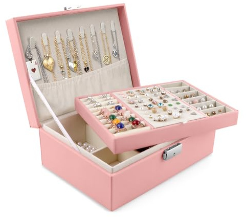 Homeanda Jewellery Box with Lock, 2-Layer Leather Jewellery Organizer boxes for Women Girls Teens, Jewellery Storage Box for Necklaces, Bracelets, Rings, Earrings (Pink)