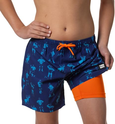 Third Wave Boys Swim Trunks with Compression Liner - Premium Kids Swim Shorts, Swim Suit, and Bathing Suit for Swimming (Lucha Libre M)