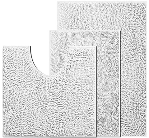 wyewye Chenille Badezimmer Set 3 Stück, Badteppich rutschfest Waschbar, Bequem und Weich Badvorleger Badezimmerteppich für Duschen, Badewannen, Toiletten, Weiß