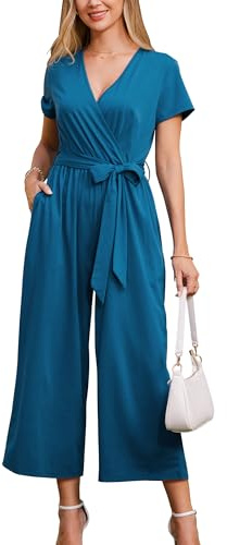 OUGES Summer Jumpsuits for Women UK Short Sleeve Casual Jersey Playsuit With Pockets Navy Blue, L