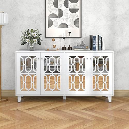 Soweiz Anrichte mit kühlen Kristallgriffen, Vier Türen Weiß verspiegelte, mit beweglichem Laminat.für Wohn-und Esszimmer, 160 x 40 x 84cm