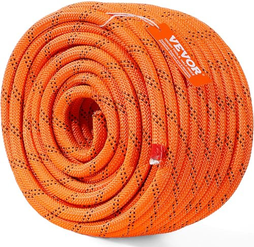 VEVOR Double Braided Polyester Rope, 1/2 in x 120 ft, 48 Strands, 8000 LBS Breaking Strength Outdoor Climbing Rope, Arborist Rigging Rope for Rock Hiking Camping Swing Rappelling Rescue, Orange/Black