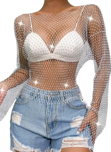 FEOYA Nätkristall, Y2k, crop topp, glitter, topp, fisknät, skydd upp strass, nätskjorta, paljetter, nättopp för nattklubb, fest, festival, Vit, S