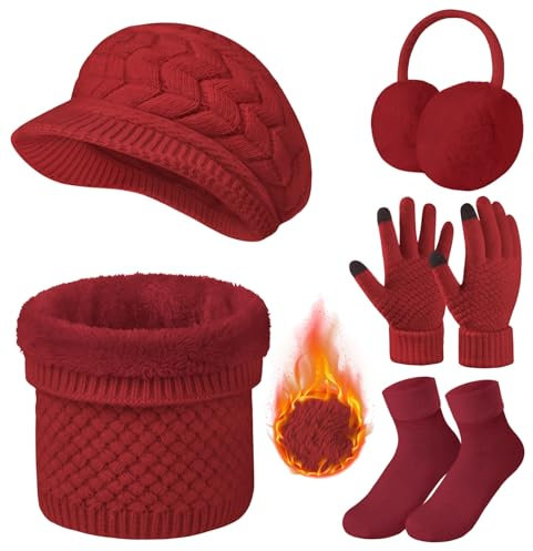RITOSTA kvinnor vintermössa halsduk och handskar set för kvinnor 5 st set med kallt väder halsvärmare pekskärm handskar termiska strumpor stickad mössa halsduk plysch öronmuffar gåvor för skidåkning