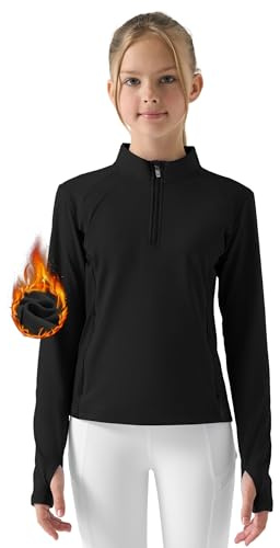 Willit Girls Fleece Long Sleeve Shirts Winter Horse Riding Jacket Half Zip Kids Sweatshirts Thermal Coat Black X-Small