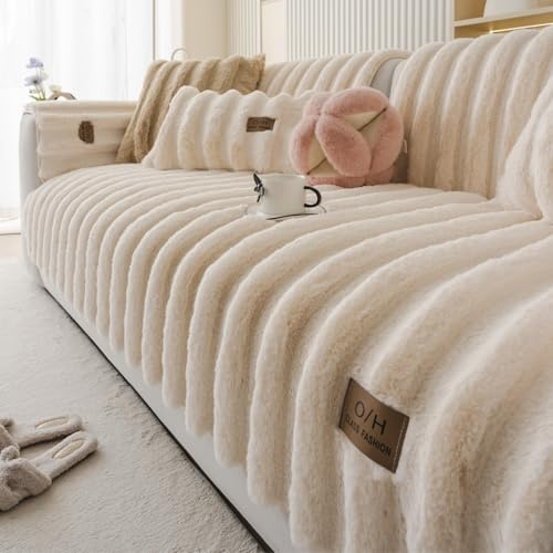 Huierxun Fuzzy Rabbit Plush Sofa Cover Thick Soft Fur Sectional Couch Cover Furry Fluffy Cushion Cover Non-Slip Sofa Slipcovers Vertical Stripe Furniture Protector for Dogs Cats(Cream,28x28)
