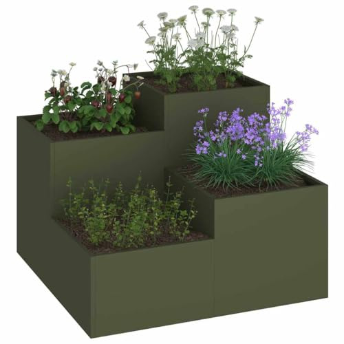 vidaXL Maceta de Jardín 80 x 80 x 60 cm Verde Oliva de Acero, Espaciosa, Moderna y Duradera. Fondo Abierto para Plantar al Aire Libre, Ideal para Decorar Jardines. Contenedor Rectangular para Planta