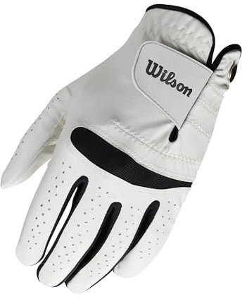 Wilson Feel Plus Herren-Golfhandschuh, Handschuhe Herren, Golf Handschuhe, Premium-Leder, Verbesserter Grip und Schweißkontrolle, Weiß, Größe L (Linke Hand)