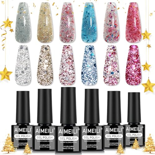 AIMEILI UV Nagellack Set Glitzer 6 Farben Reflektierendes Glitzer Funkelndes Silber Gold Rosa Blau Lila UV LED Soak Off Color Gel Set 5ml Nail Art Nageldesign Kit 6-109