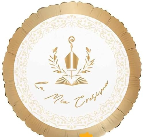 Pallone La mia CRESIMA - Bianco e ORO con cappello, bastone Vescovo e Bibbia - PALLONCINO in foil Mylar - 45CM - gonfiabile ad aria o elio - FORNITO SGONFIO