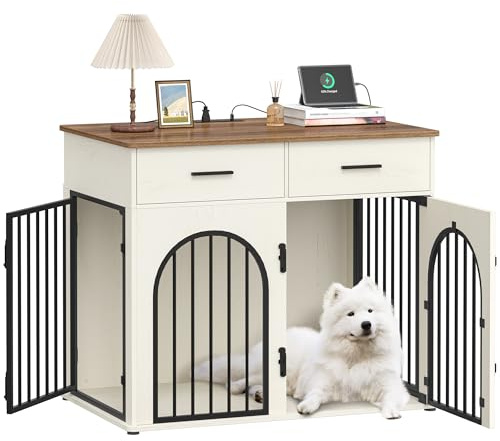 Hzuaneri 110 cm Jaula para Perros con 2 Cajones, Perrera de Interior con Estación de Carga, Mesa Auxiliar de Madera para Perros Medianos y Grandes, Blanco y Marrón DFC88214B