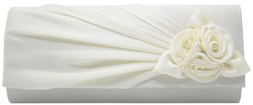 wocharm Ladies Satin Clutch Bag With Rose Evening Wedding Party Prom Bridal Handbag Women's Shoulder Bag (Ivory)