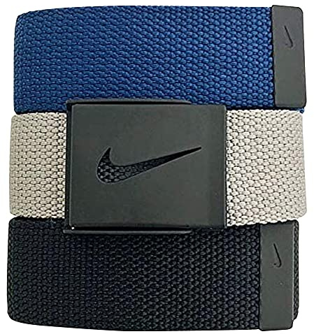 Nike Men's 3 Pack Web Belt, Matte Black Hardware, Black/Grey/Navy, One Size