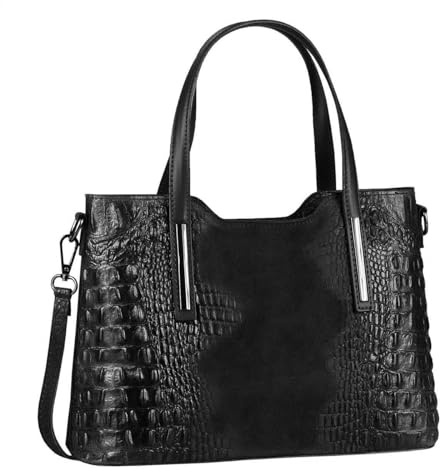OBC Made IN Italy Damen Echt Leder Tasche Kroko-Prägung Business Shopper Schultertasche Handtasche Ledertasche Umhängetasche Wildleder Schwarz