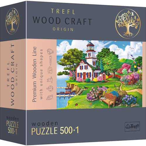 Trefl - Holzpuzzle, Sommerhafen - 500+1 Teile, Wood Craft, unregelmäßige Formen, 50 Reisende Figuren, modernes Premium Puzzle, zum Selbermachen, für Erwachsene und Kinder, holzpuzzle Erwachsene