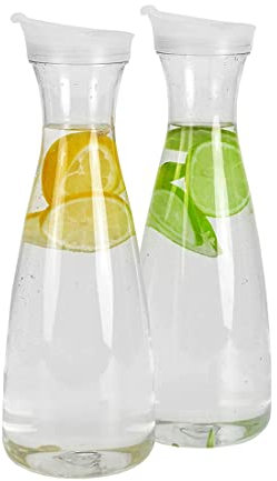 Nicfaky 2 jarras de agua de plástico de 1 litro con tapas blancas, aptas para alimentos y reciclables, irrompibles