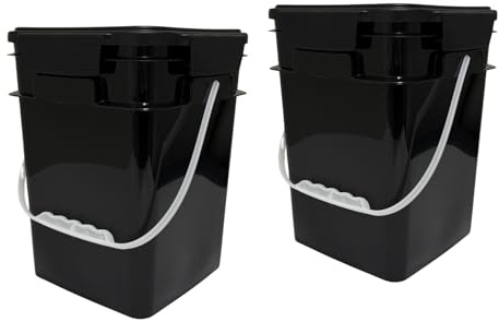 House Naturals 4 Gallon Square Food Grade Plastic Bucket with Lid, Made in USA (Pack of 2) BPA Free (Black)