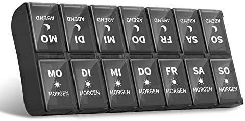 Opret Deutsche Tablettenbox 7 Tage 2 Fächer Morgens Abends, Abnehmbar Pillendose 7 Tage 2 Fächer, Pillenbox Medikamentenbox 7 Tage Tabletten Wochenbox Tablettendose Tablettenbox 14 Fächer