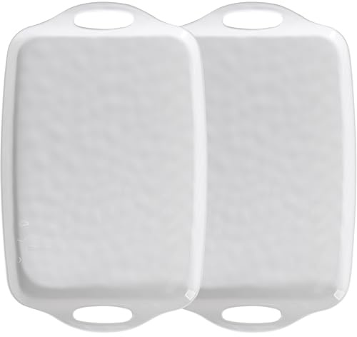 ZAROCRUS Large Serving Tray with Handle, 19”x12” Rectangular Melamine Serving Platters, Set of 2, Kitchen Food and BBQ ServingTray, Breakfast Tray, Dishwasher Safe, Bright White