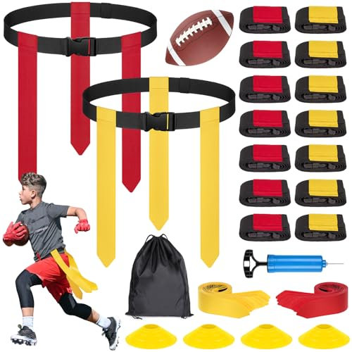 BORNEW Flag Football Set for Kids, 14 Player Adjustable Flag Football Belts with 24 Flags, Practise Cones, a Size 3 Football, Air Pump and Storage Bag, for Youth and Adults Capture Flag Training…