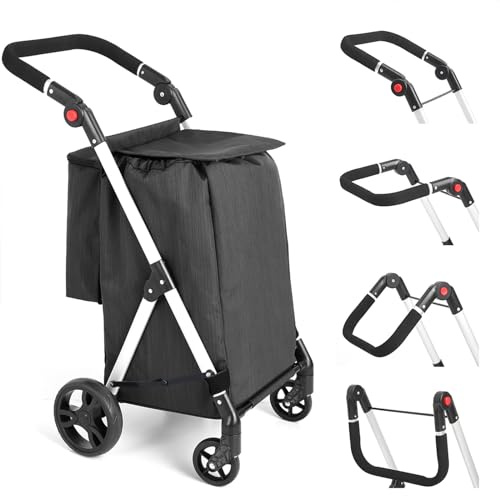 LEUYA ABC Chariot de Courses, 46L Chariot de Courses 4 Roues, avec Sac Isotherme, Pliable, Poignées Réglables, léger en Aluminium (Noir)