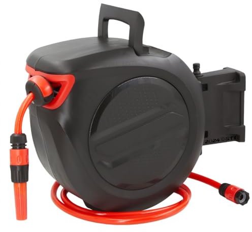 STI Avvolgitubo automatico da Giardino 20m da Parete con Box e fissaggio a parete Tubo acqua PVC 3 strati 1/2 irrigazione da muro girevole 180°, con lancia e attacchi rapidi