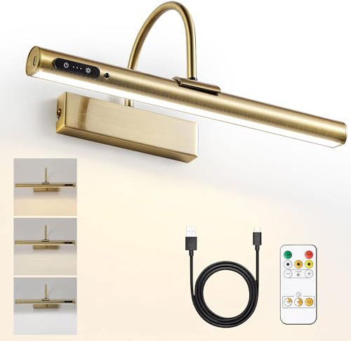 HARPER LIVING Picture Light for Wall Antique Brass, Rechargeable Picture Light with Remote, Dimmable & 3 Color Temps, Magnetic Battery Operated Wall Lights for Dartboard Frame Gallery