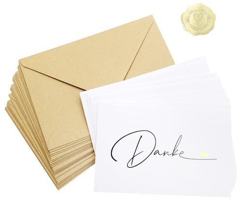 HENGBIRD 20 Stück Dankeskarten mit 20 Kraftumschlägen und 25 Goldenen Siegelaufklebern Danke Karte für Lehrer, Freunde und Familie (9 cm x 14 cm)