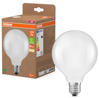 Osram dalla classica forma a globo, con filamento LED decorativo dal design satinato, classe di efficienza energetica A, E27, 5 W, 1055 lm, 2700 K, bianco caldo. luce immediata al 100%.