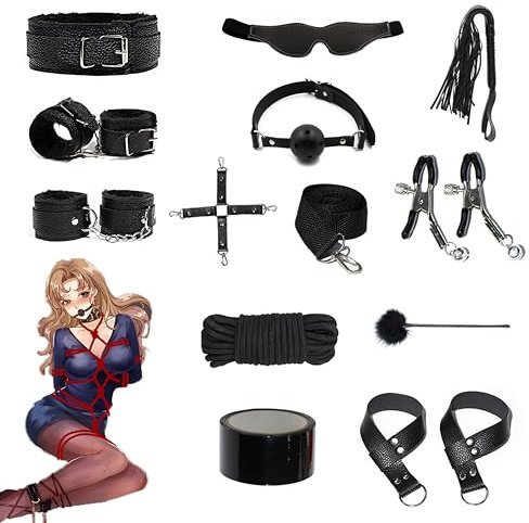 Quintrost Bondage Kit 12 Pezzi SM Bondage Set, Erotico Giocattoli Sessuali Set per Principianti, Sex Toys Sex Restraint Set per Coppie con Manette Maschera Occhi Morsetti Capezzoli (Nero)