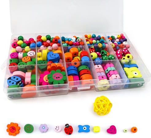 HJIAMA Perlas de Madera 400 Piezas, Perlas de Madera Natural, Cuentas para Pulseras, Equipadas con Aguja E Hilo, Cuentas de Colores, Apto para Pulseras, Collares, Manualidades