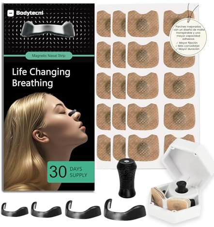 Bodytecni® Bandelettes Nasales Magnétiques Premium PRO EDITION | MEGAPACK 60 PATCHS AMÉLIORÉS + ÉTUI DE RANGEMENT | Anti-Ronflement pour Mieux Dormir, Aide à Mieux Respirer, Améliore l’Oxygénation