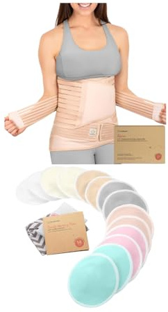 KeaBabies 3 in 1 Postpartum Belly Support Recovery Wrap and Reusable Nursing Pads - Postpartum Belly Band - 14 Washable Breastfeeding Pads + Wash Bag, Nipple Cover, Breastfeeding Essentials