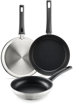 BRA Antistick Inox | Set 3 sartenes 18/22/26 cm, aluminio forjado reciclado con antiadherente de titanio y superficie MetalTec, aptas para todo tipo de cocinas, incluida inducción