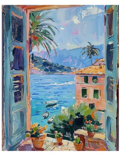 1 St Öppet Fönster Tryck Stil Fauvism Målning Hav Apelsinträd Kustnära Utsikt Canvas Affisch