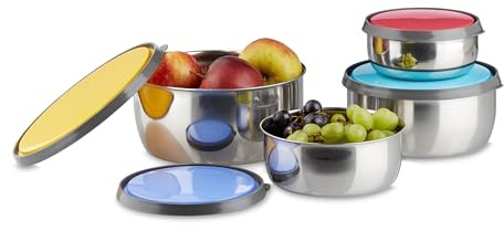 Relaxdays Set di 4 Ciotole con Coperchio, Varie Misure, Scodelle Contenitore, Acciaio Inox, Cucina e Campeggio, Colorati