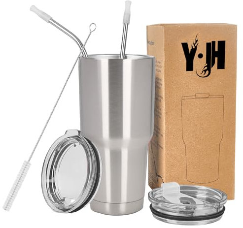 Y·J&H 30oz (850ml) Travel Tumbler Double Wall Vacuum Insulated Coffee Mug Stainless Steel Coffee Cup with 2 Splash Proof Lid, 2 Straws & Free Cleaning Brush, BPA Free - Silver