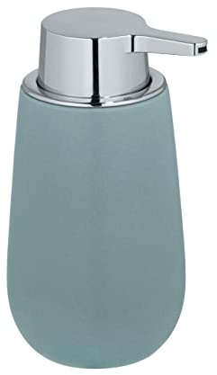 WENKO Seifenspender Badi, nachfüllbarer Flüssigseifenspender aus hochwertiger Keramik mit Matter Oberfläche, Pumpkopf aus robustem Kunststoff, Füllmenge 320 ml, 9,5 x 16 x 8 cm, Blaugrau