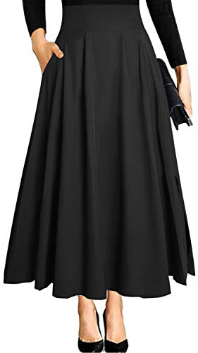 Noire Jupe Femme Longue Ete Chic et Elegant Plissée Taille Haute A-Ligne Maxi Midi Festival Fluide Trapeze Evasée Fendue avec Poche Fermeture Eclair M