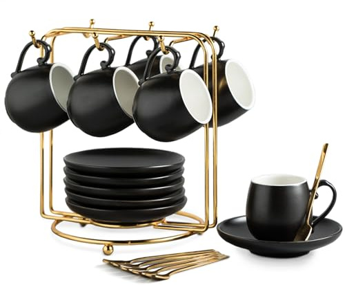 LYEOBOH Espresso Cups and Saucers Set, Ceramic Coffee Cup 3 Ounces Small Demitasse Cups Espresso Mugs with Spoons & Metal Stand for Cappuccino, Latte, Tea, Set of 6, Black
