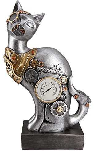 Casablanca dekoration djurfigur skulptur katt – steampunk design – dekoration vardagsrum gåva födelsedagspresent – färger: silver koppar – höjd 30 cm