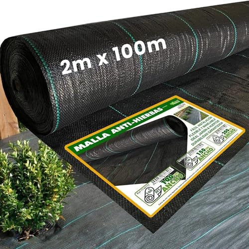 Malla Antihierbas Resistente 2x100 metros – Tela Antihierbas Jardín Manta Antihierbas Ideal para Suelo Camping Rafia Suelo Camping Lona Antihierbas Malla Geotextil Maya Antihierbas para Jardín