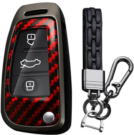 TECART Klappschlüssel-Halter, Schlüsselanhänger, passend für Audi A3, A1, A3, Smart-Fernbedienung, Schlüsselgehäuse, Karbon-Muster, 3 Tasten, Rot