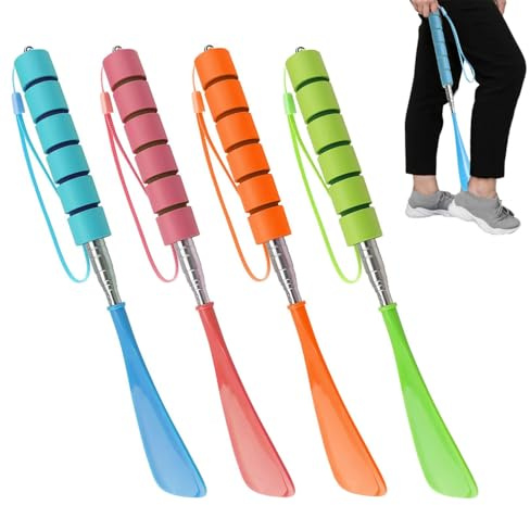JDCMEI 4 Piezas Calzador, Telescópico Calzador de Zapatos, 4 Colores Calzador de Acero Inoxidable Largo, 29–70cm Calzador de Zapatos con Mango Cómodo para Personas con Movilidad Limitada