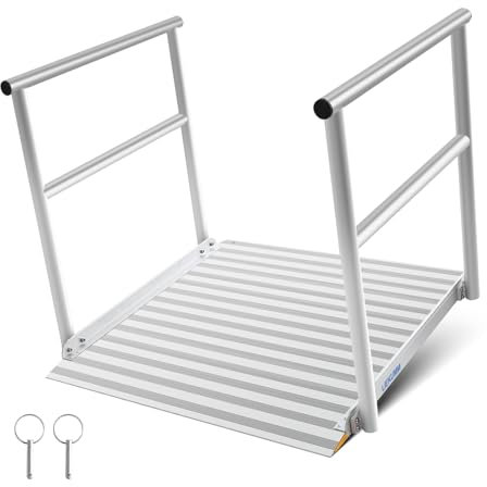 LIEKUMM 91x91cm Aluminium Rollstuhlrampe mit Handläufen(80cmH), 300kg Kapazität Schwellerampe für Haus Schritte Treppen Bordsteinkanten, Türschwellenrampen für Rollstühle Scooter Carts Walkers