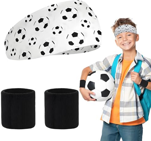 Boys Headband for Kids, Sweat Soft Breathable Football Pattern Sport Headband Lightweight Elastic Headband for Football Basketball Tennis, with 2 pcs Black Wrist Straps